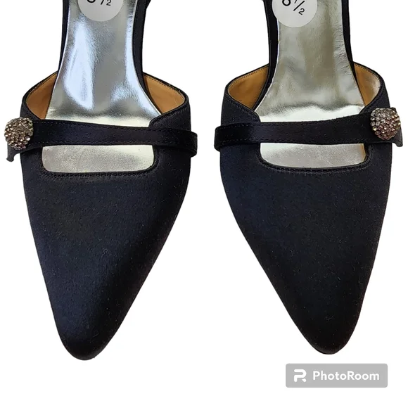 Bagley Mischka Bryon heels dress black fabric crystal decor leather sz 8.5 🎉HP - Picture 10 of 16